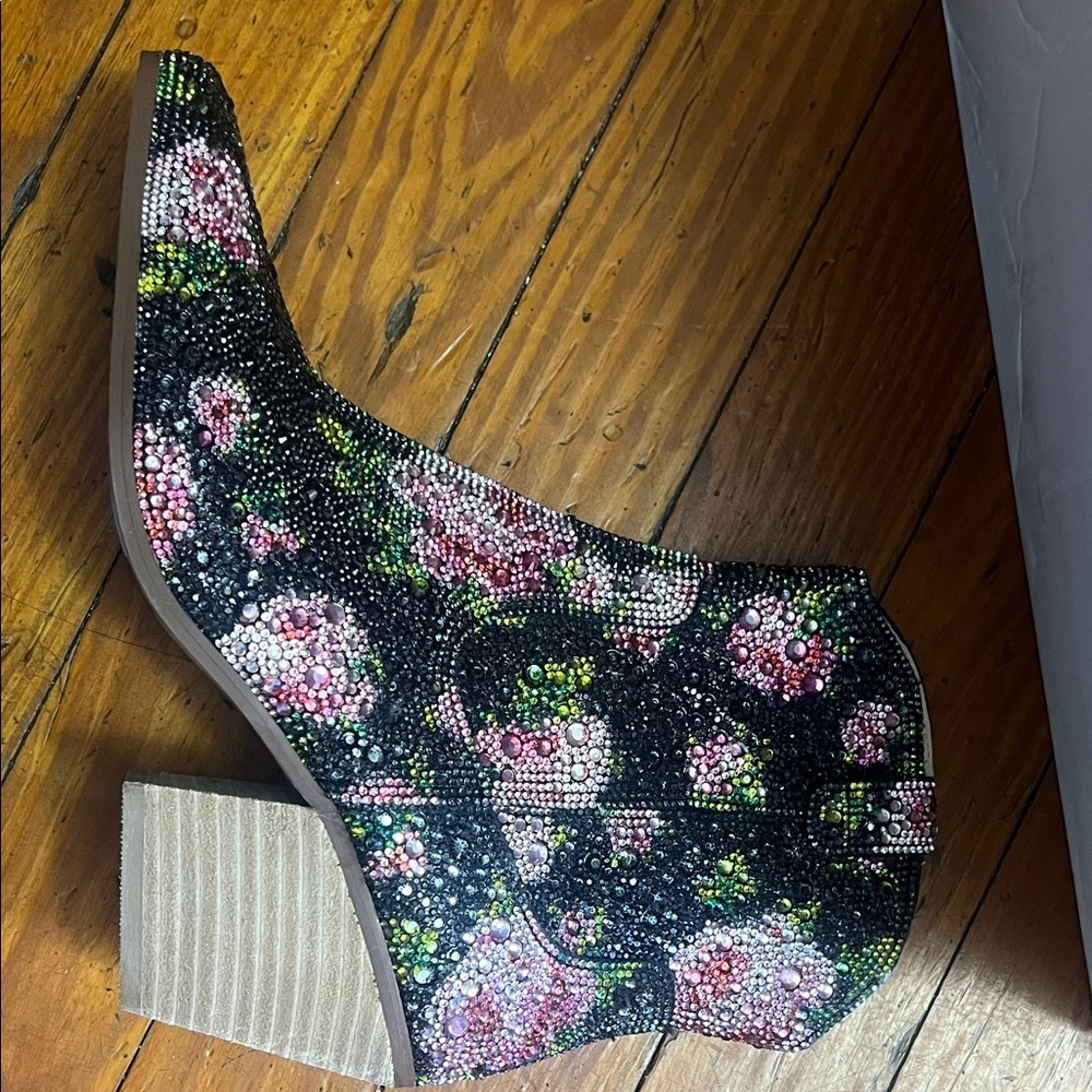 Betsey Johnson Black and Pink Floral Ankle Booties
